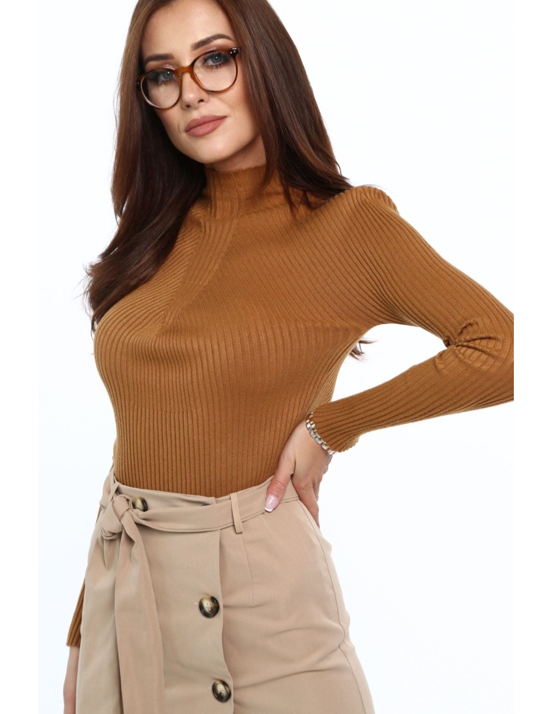 Bluza cu guler cu nervuri, caramel 0329 - Magazin online - Boutique